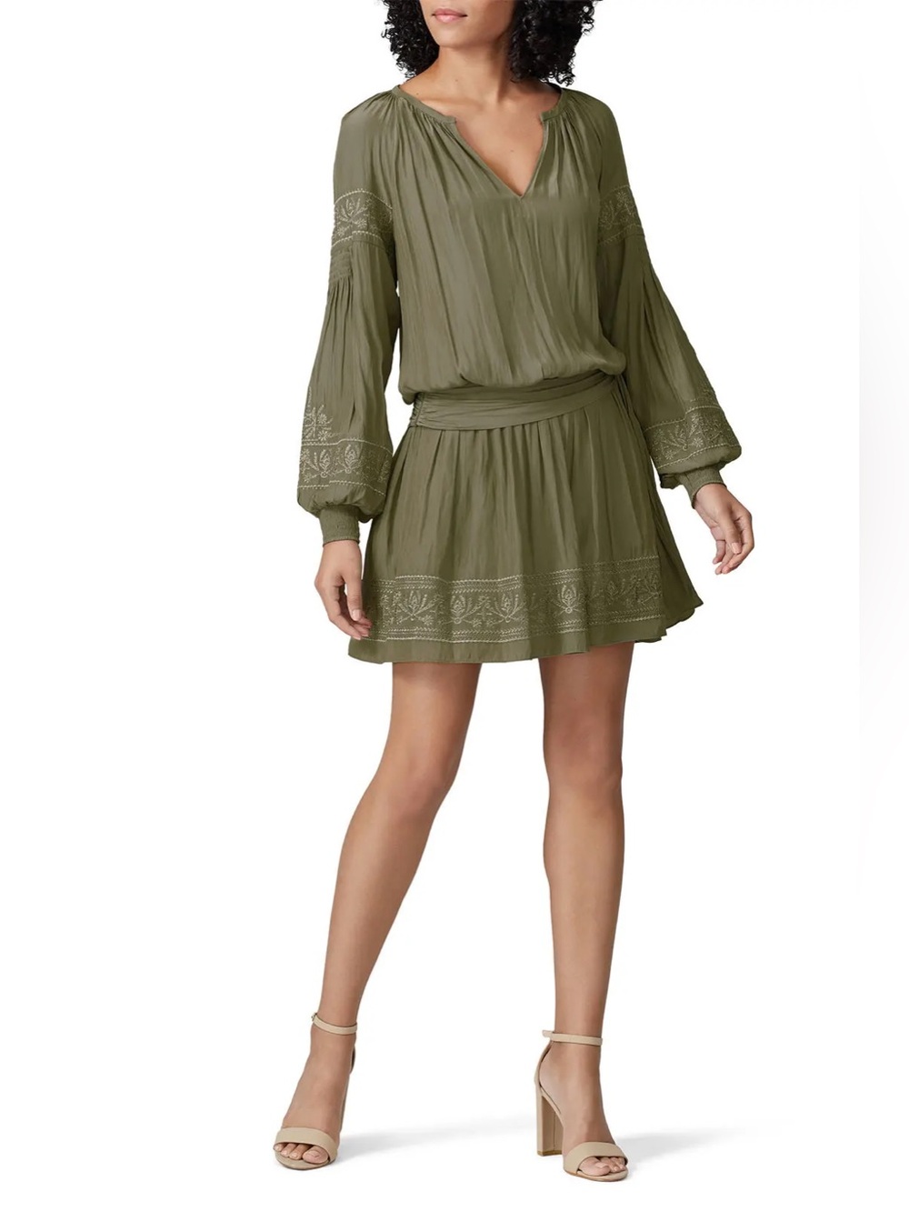 Ramy Brook Mia Embroidered Blouson Sleeve Mini Dress Green 8 NWOT